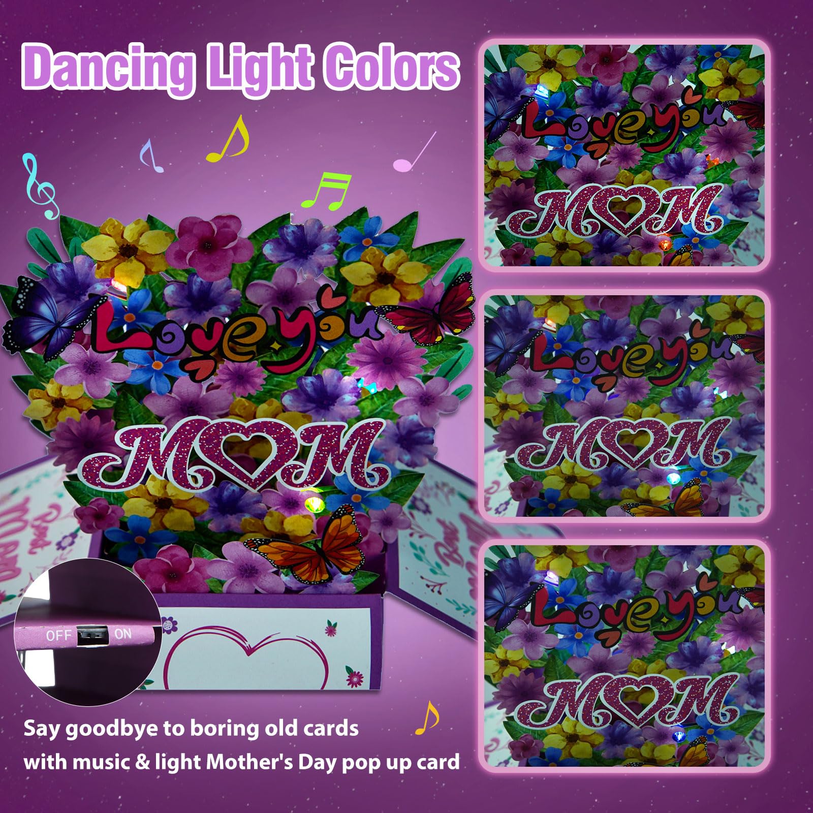 FaCraft Tarjeta musical desplegable para el día de la madre, luces 3D y música, con sobre e inserto en blanco para mamá, hija, tía, esposa, abuela de hija, hijo, marido (Love You Mom)