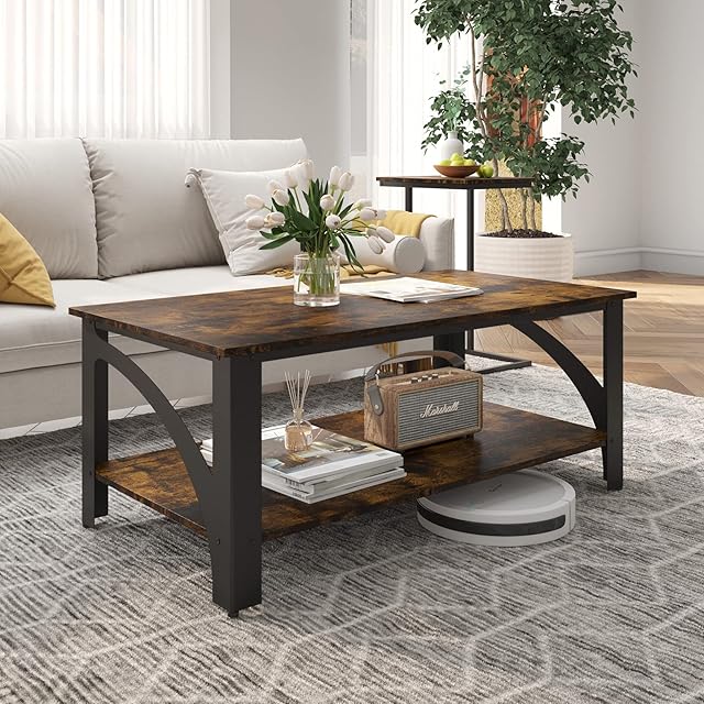 Novilla Coffee Table for Living Room, 2 Tier N-Side Coffee Tables with Open Storage Shelf, Modern industrial Style Metal Frame, Adjustable table legs, Waterproof Desktop, Rustic Brown, 110x60x45cm
