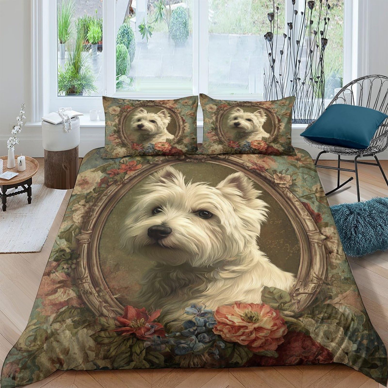 Ctjqhvkz Style-6 3D Printed Vintage Westie Dog Fitted Sheet Microfiber Floral Portrait Bed Cover For Bedroom Guest Room Easy Care Single（135X200cm）