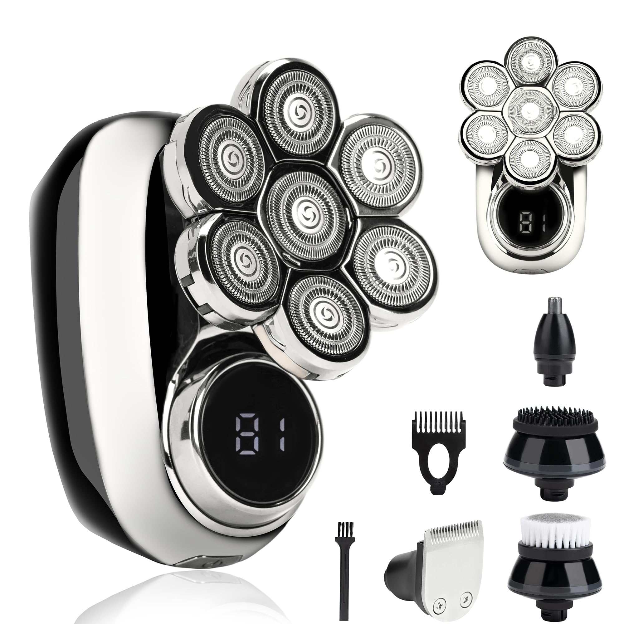 5-in-1 Electric Head Shaver for Bald Men in Gunmetal with LED Display, IPX7 Waterproof Grooming Kit, Turbo Speed Rotary Razor with Precision Blades for Wet & Dry Use