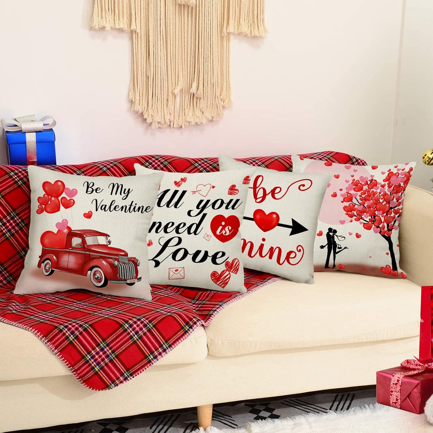 Valentine’s Day Decor Pillow Covers 18×18 Inch Set of 4 Valentines be Mine Decorations Farmhouse Throw Pillow Covers Holiday Anniversary Wedding Cushion Pillow Case Home Decor for Sofa Couch : Home & Kitchen