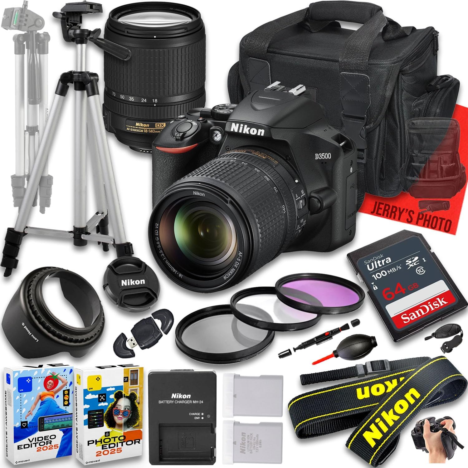 Nikon D3500 DSLR Camera with AF-S DX NIKKOR 18-140mm f/3.5-5.6G ED VR Lens + 64 GB Memory + Extra Battery + Camera Case + Tripod + More (20pc Bundle)