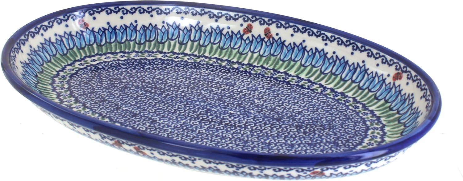 Blue Rose Polish Pottery - Green Garden Tulip Oval Platter - 13.75" x 8.75" - Unique Platter for Dinner Parties, Very Durable & Dishwasher Safe