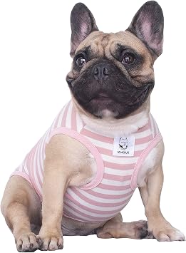 iChoue Pug 100% Breathable Cotton Striped T Shirts Halloween Vest Clothes for Medium Dogs Tank Tops Puppy French Bulldog Frenchie English Boston Terrier Pitbull Pink White Stripes - Small
