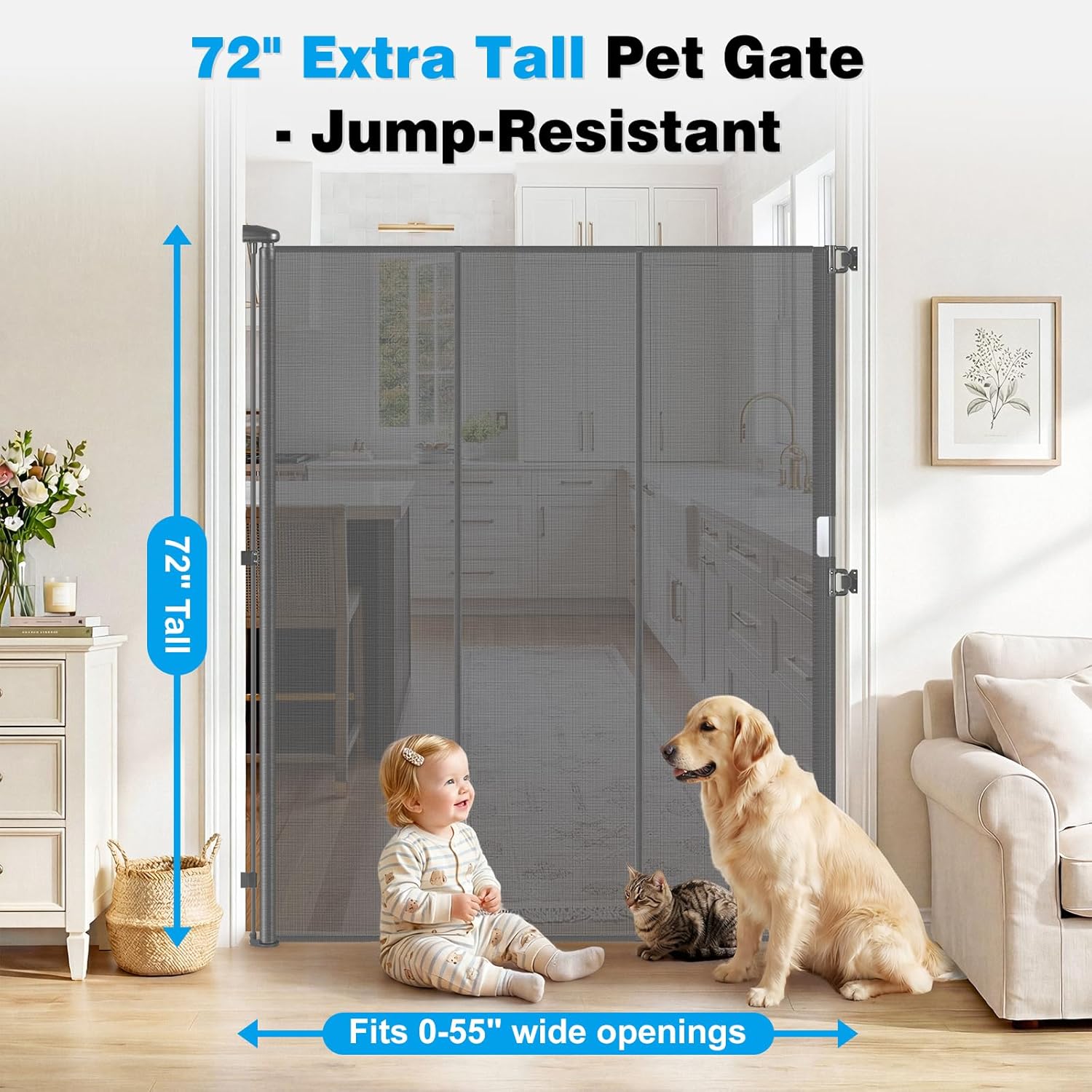 Reinforced 72" Extra Tall Baby Gate for Doorway, Jump-Resistant & Prevent Crawling Underneath Retractable Dog Gate Indoor, Fits 0-55" Width Retractable Cat Gate, No Bottom Bar Safety Mesh Pet Gate