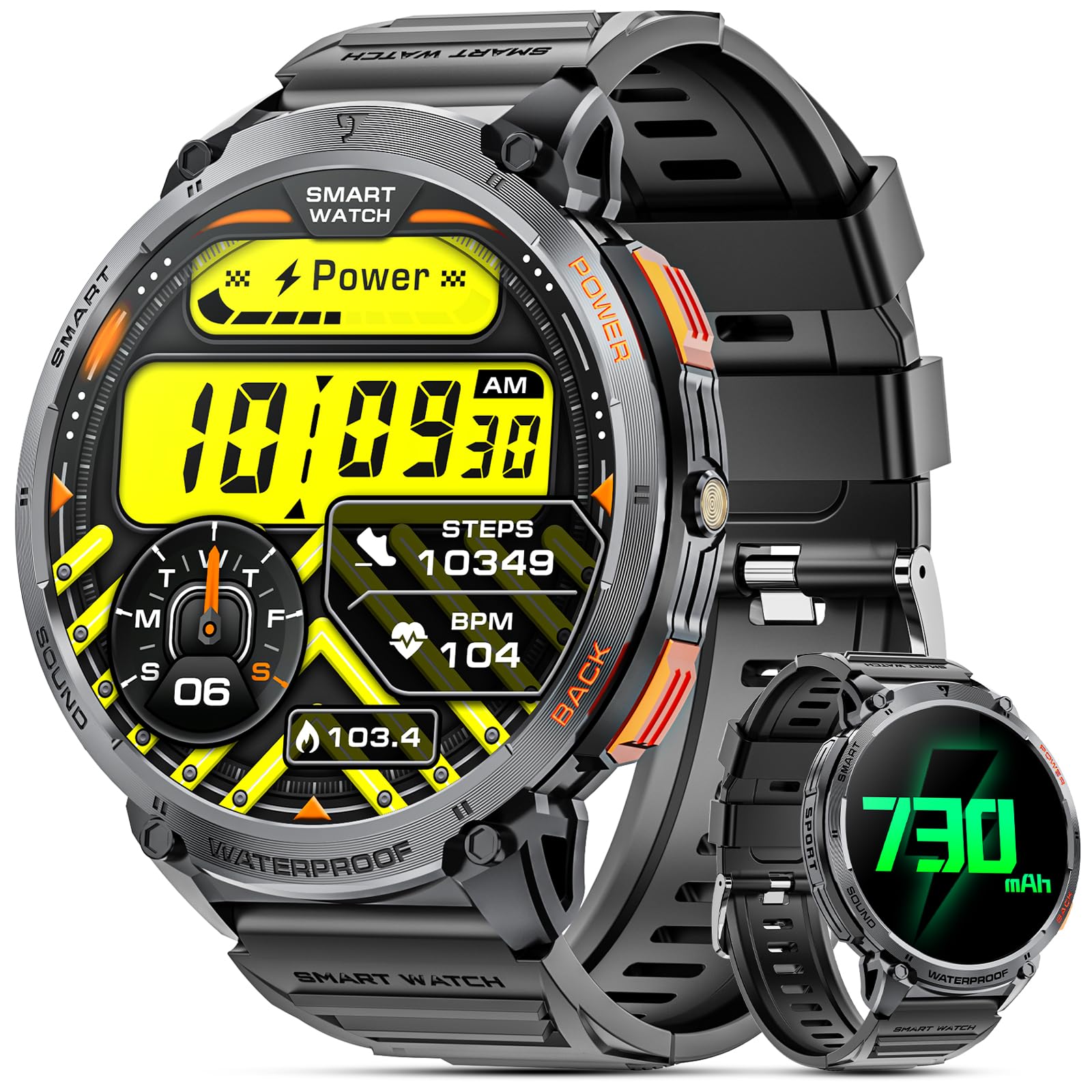 Haulvean Military Smart Watches for Men, 1.85" HD Large Screen Smart Watch, Flashlight/730mAh/110+ Sports Modes Fitness Tracker Watch, Waterproof Mens Smart Watch for Android Phones iPhone Compatible