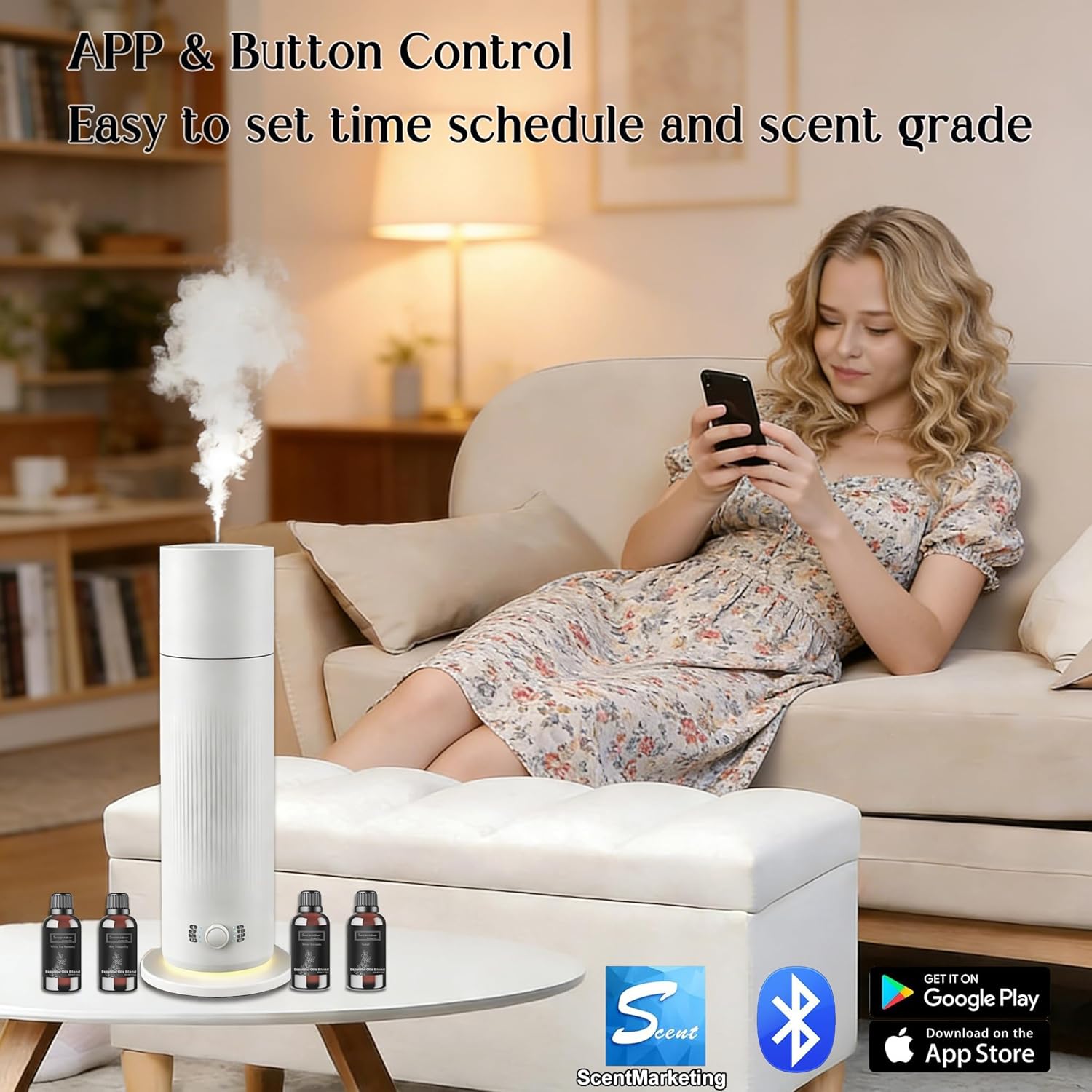 Waterless Essential Oil Diffuser, Scent Air Machine for Home with 4x30ml Hotel Scent Oil Sets, Covers Up to 1000 Sq.Ft, Adjustable Mist & Timer, Hotel and Commercial Use