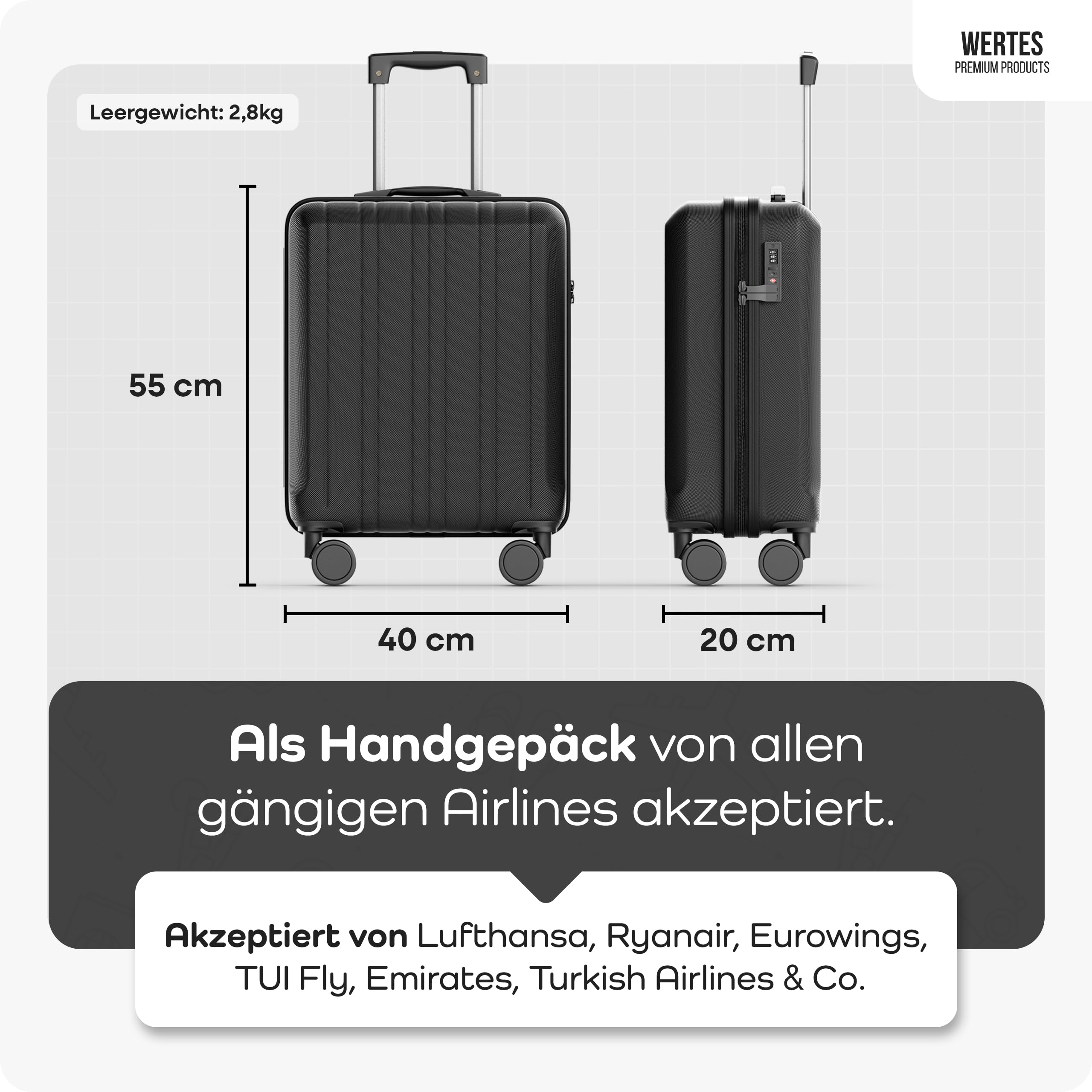 Handgepäck Koffer 55x40x20cm - 36L - TSA Schloss Koffer Handgepäcks mit Dopperollen, Reisekoffer, Handgepäck Trolley, Kabinenkoffer