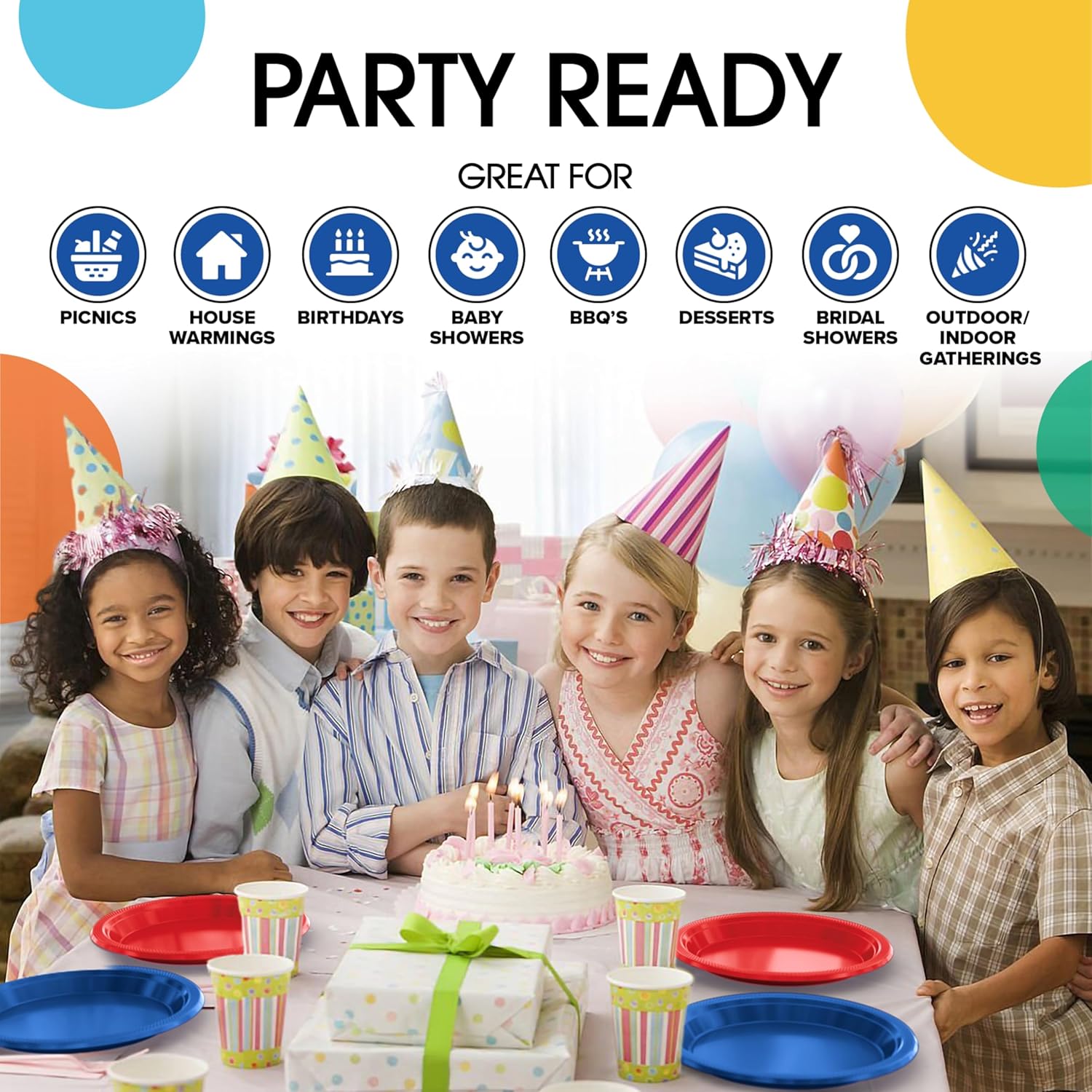 Party Solids Blue & Red Disposable Plates for Party Supplies - 100 Pieces (50-7" & 50-9") Dessert & Dinner Plate Set - Heavy Duty 350 GSM Plastic Dinnerware