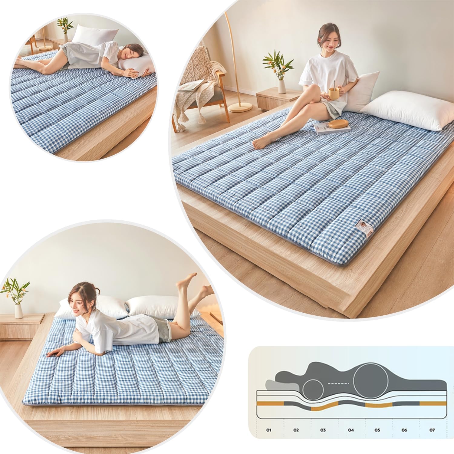 Futon Japonais De Sol, Matelas De Couchage pour Plancher, Tapis De Lit Enroulable, Pliable, Minimaliste, Camping Shiki, Style3, Full/120x200cm