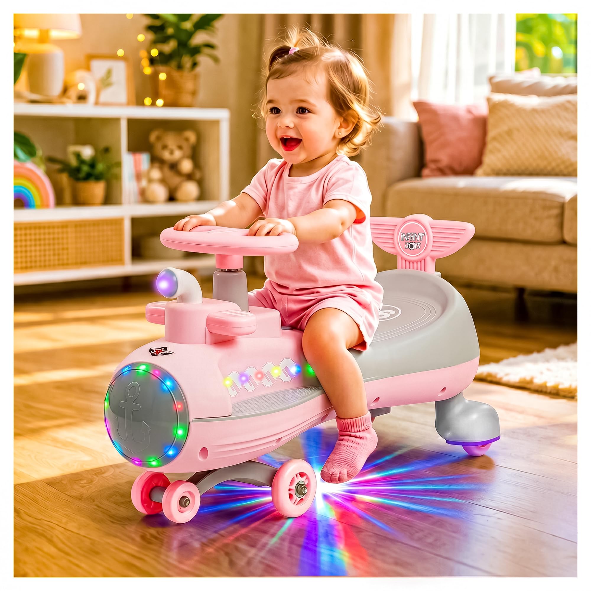Diver Baby Swing Car Ride On Toy for Kids, 360° Steering Wheel Wiggle Car with RGB Lights, Music, Indoor & Outdoor Twister Push Car for 2-8 Years Kids (Pink & Grey, 75cm)-image-18