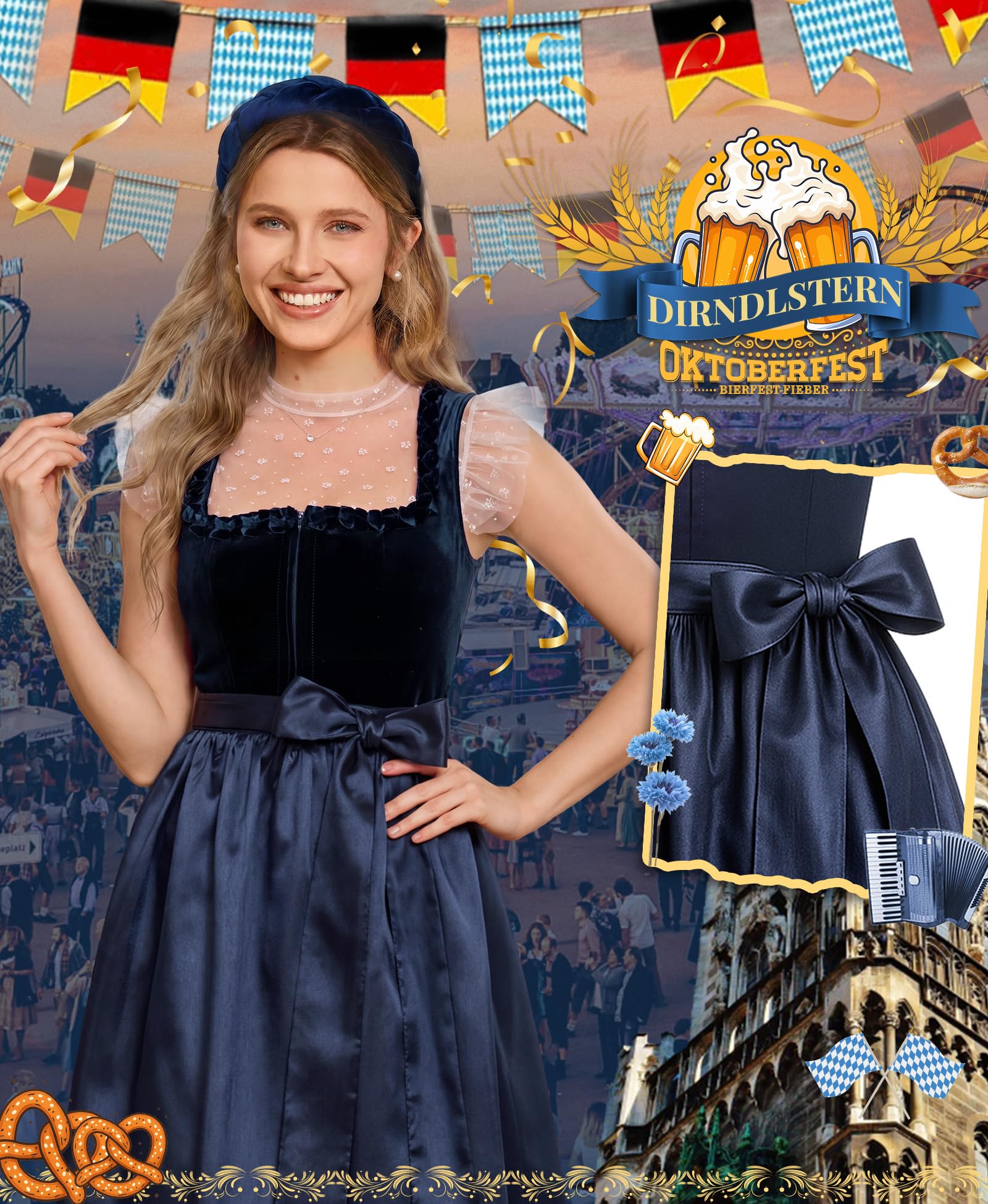 DIRNDLSTERN Damen Blau Samt - Dirndlkleid Midi 70cm mit Reißverschluss Oktoberfest Outfit