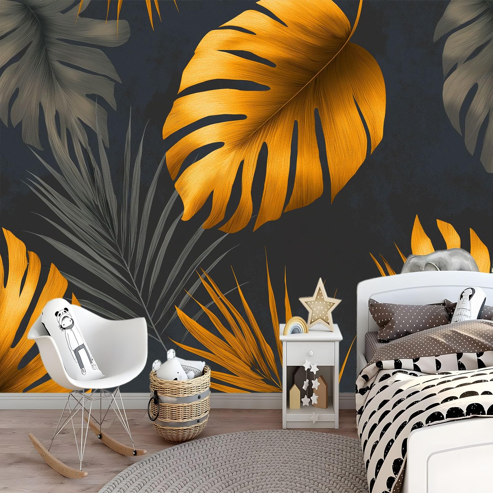 Tapeta panoramiczna, plakat 350 x 256 cm (szer. x wys.), tapeta z włókniny, dekoracja ścienna, minimalistyczny, botaniczny, złota monstera – dla dziewcząt, chłopców, do sypialni i salonu (ciemnoszara)