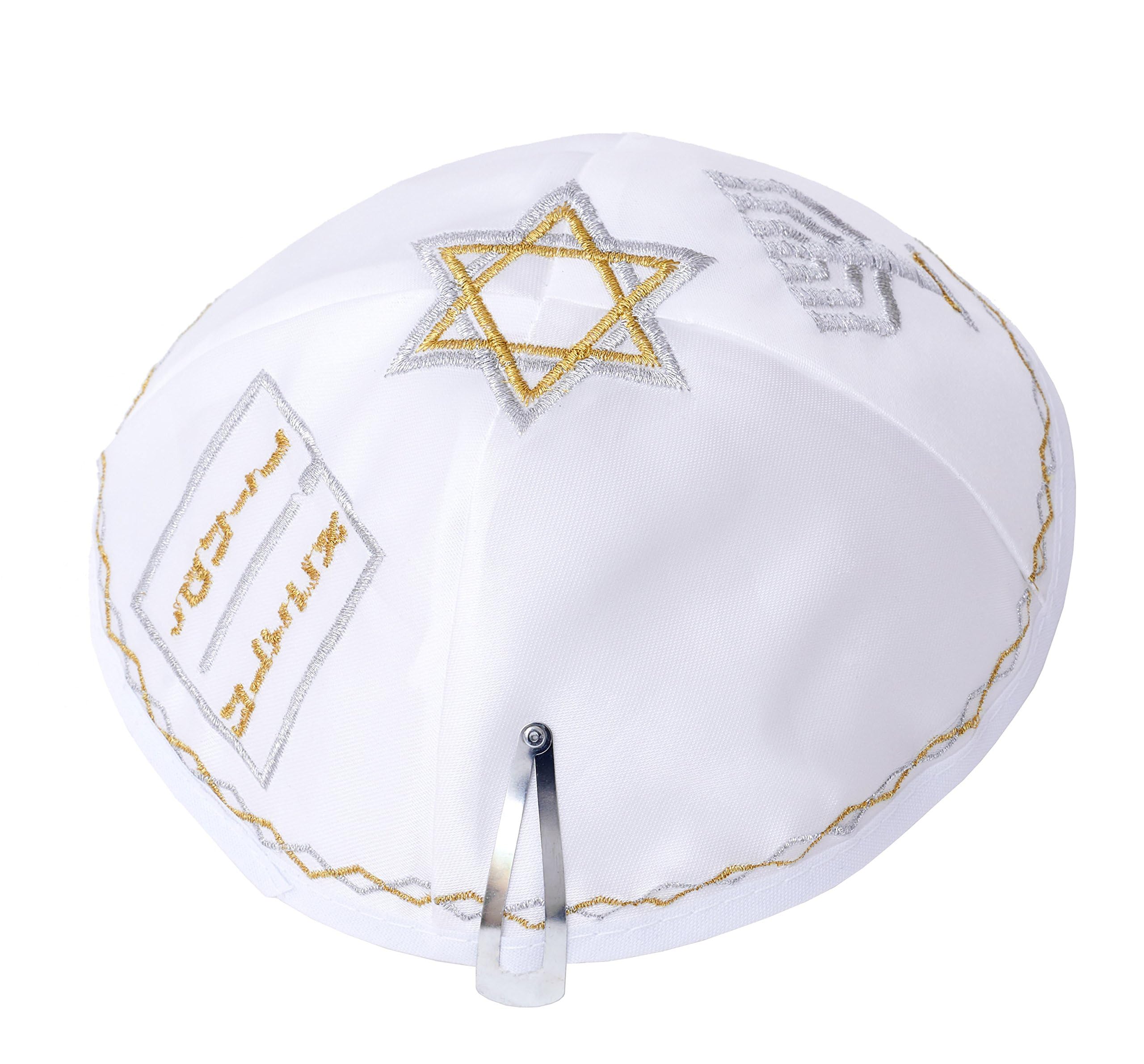 Jl Kippha's Blanc Satin 20Cm Ten Commandments Menorah Star Of David Kippah Jewish Cap Yarmulke Synagogue