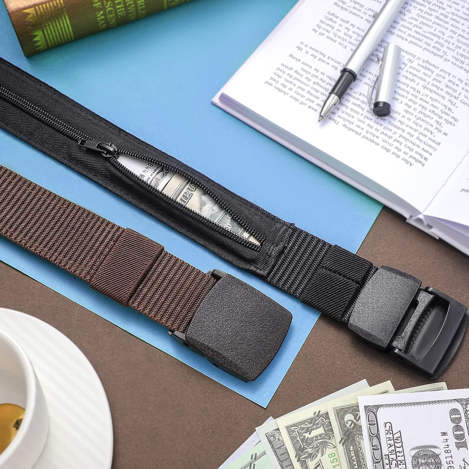 Eurzom 2 Pcs Travel Money Belts for Men Women Hidden Money Pocket Security Belts, Nylon Anti Theft Wallet with Plastic Buckle, Coffee and Black - Image 2