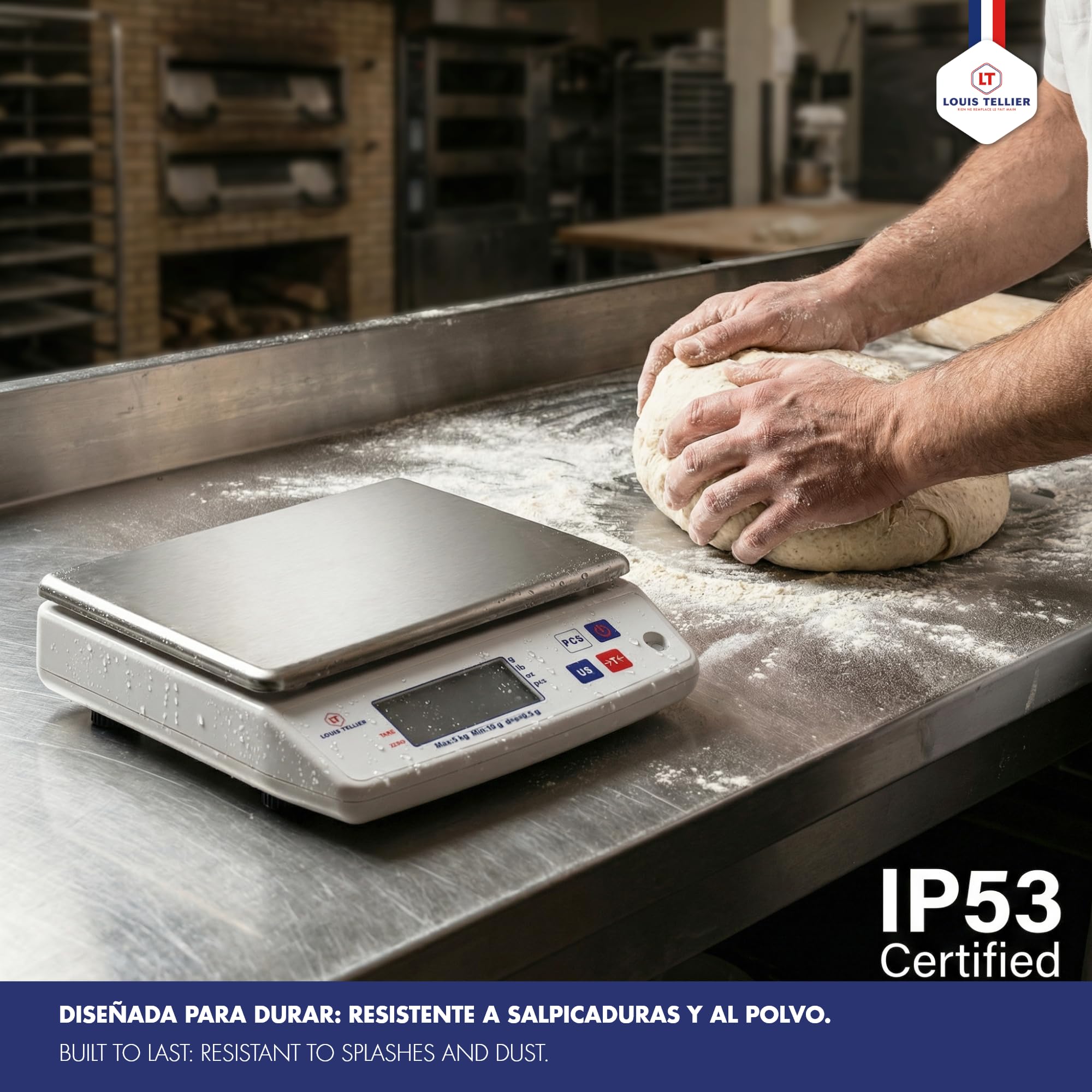 LOUIS TELLIER Báscula Electrónica Profesional 5kg IP53 Precisión 0.5g Bandeja de Báscula Extraíble Cocina Panadería 22x16.5cm