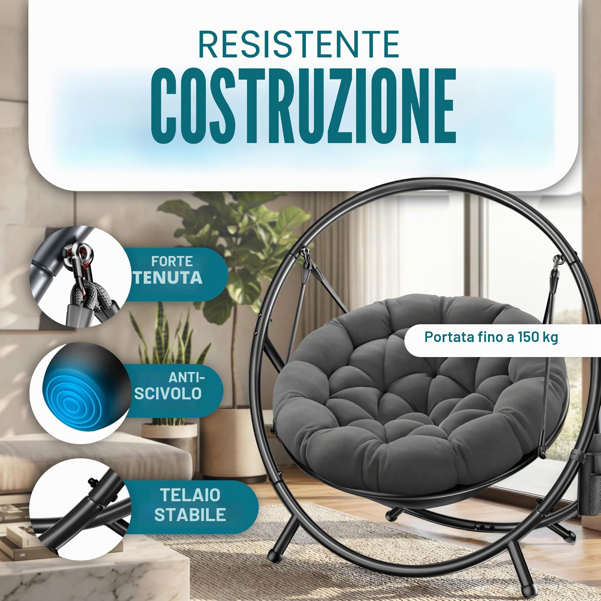 KESSER Poltrona sospesa con struttura Bali, altalena sospesa fino a 150 kg, per interni ed esterni, cuscino e tasca laterale, cesto sospeso, struttura in acciaio e imbottitura in schiuma