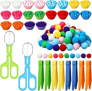 Yaomiao 230 Pcs Fine Motor Toys Counting Sorting Sensory Bin Filler Counting Toy Sets 200 pom pom 8 Tweezers 2 Scissors Clips 20 Cups for Preschool Learning and Sorting Counting Training Development
