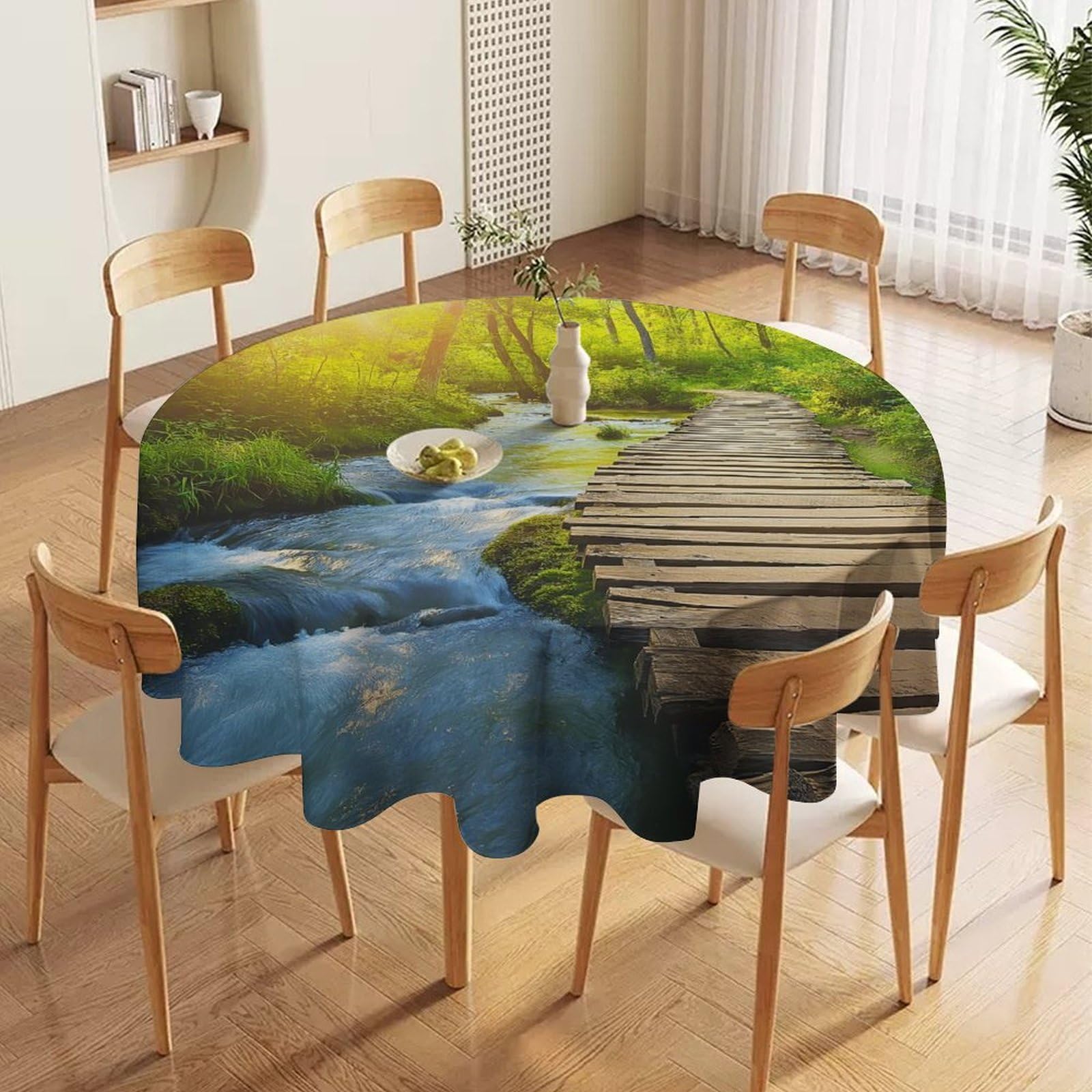 ORDOBO 3D Print Round Tablecloth - Forest Stream Fashion Waterproof Dust-Proof Table Cover For Dinner Kitchen Holiday Home Protect Table Decoration 177X177Cm