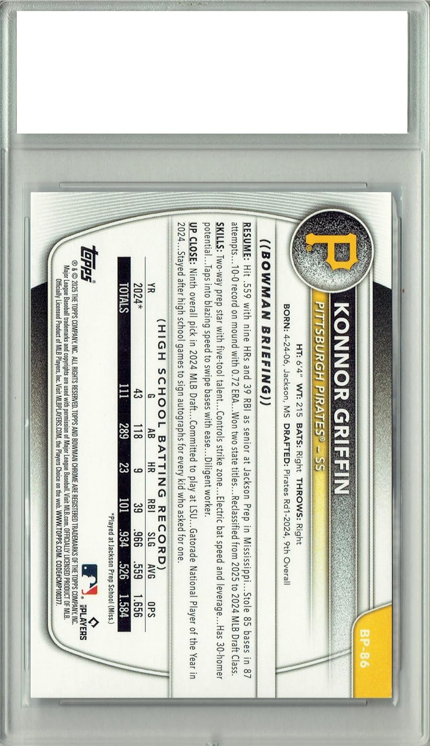 CM+ Konnor Griffin 2025 Bowman #BP-86 MLB #1 Prospect Certified Mint+ Condition Rookie Card Pirates