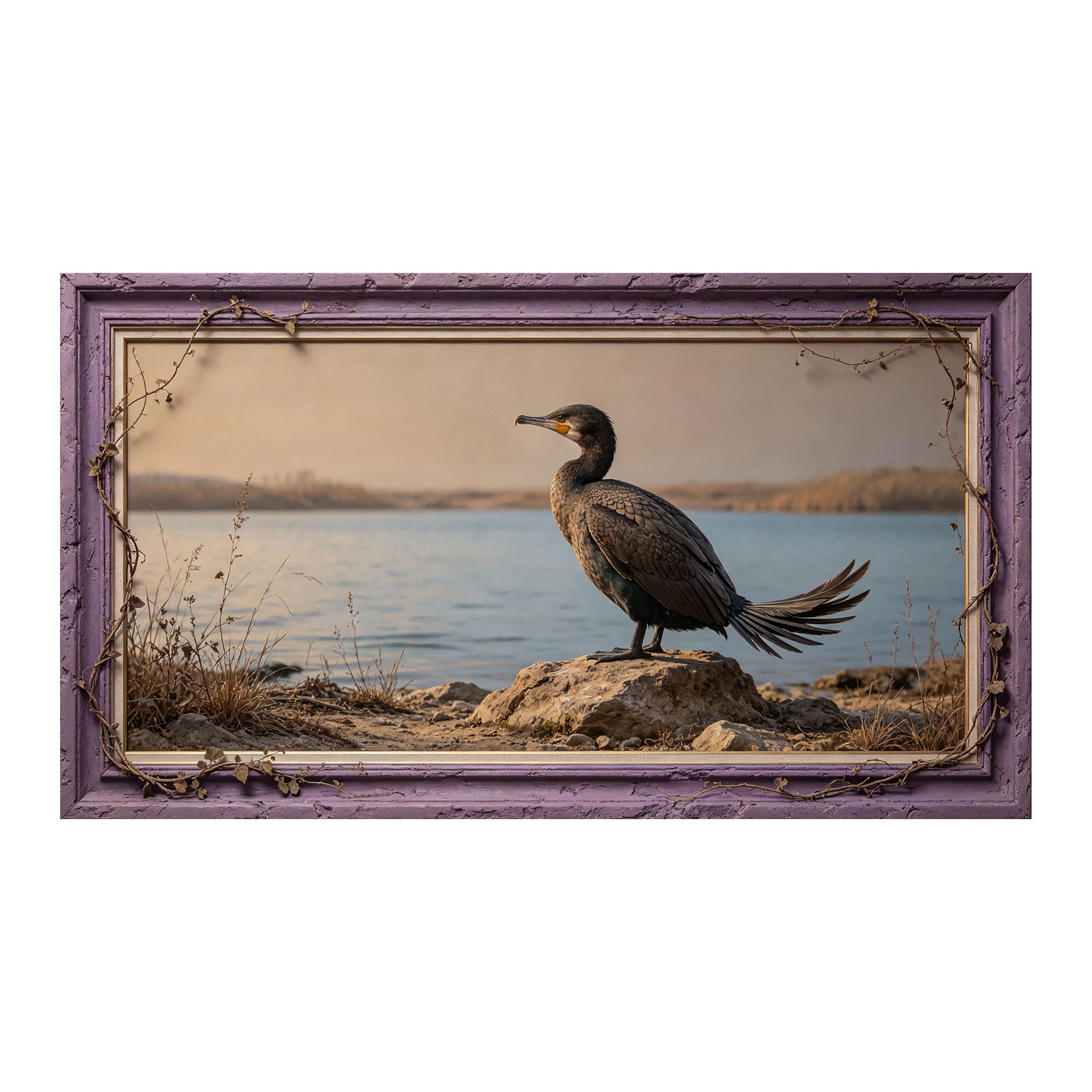 Murasolite 3D 3D Framed Wall Art 50cm×90cm Coastal Lake Shore Bird Landscape Oil Painting SelfAdhesive Fabric Mural Wall Decor, Peel and Stick No Damage to Wall for Bedroom Living Room