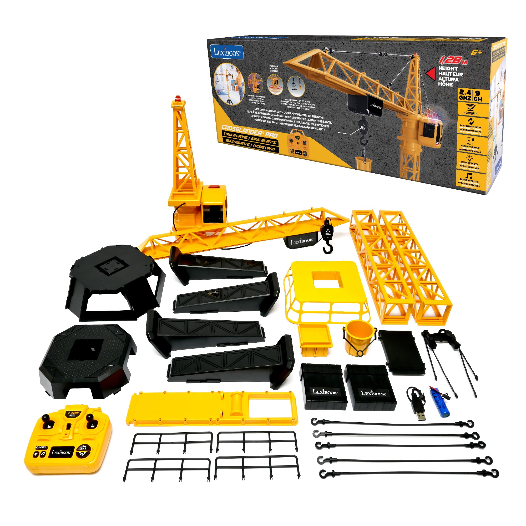 Lexibook, Crosslander® Pro, Gru RC, Gru gigante telecomandata, Altezza 1,28 m, Solleva fino a 500g, Multidirezionale, Effetti sonori e luminosi, Gialla, RCP35