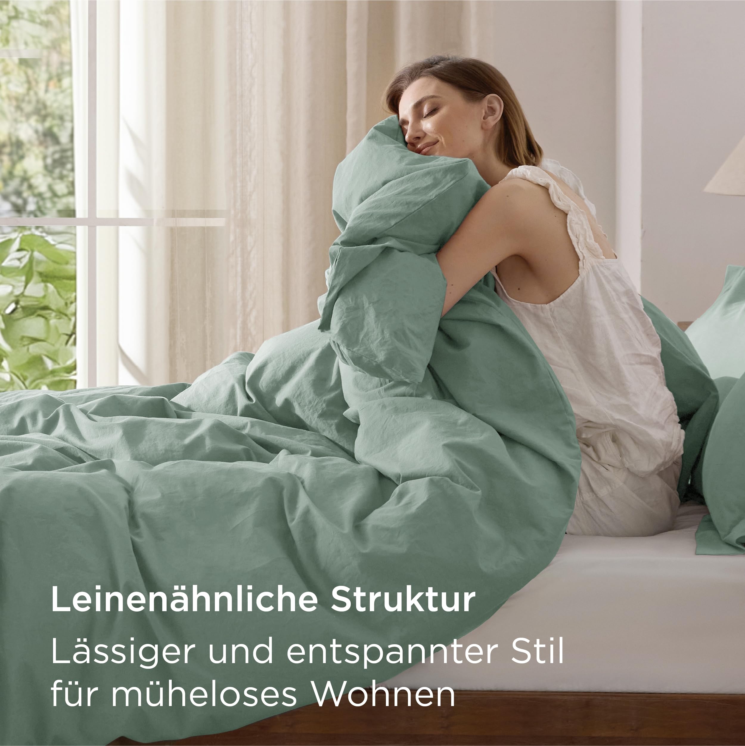 BEDSURE Bettwäsche 135x200 Baumwolle 4teilig - Bettwäsche-Sets Salbeigrün Bettbezug 2er Set mit 2 Kissenbezüge 80x80 cm, Ähnliche Textur wie Washed Leinen, Oeko-TEX Bedding Grün mit Reißverschluss