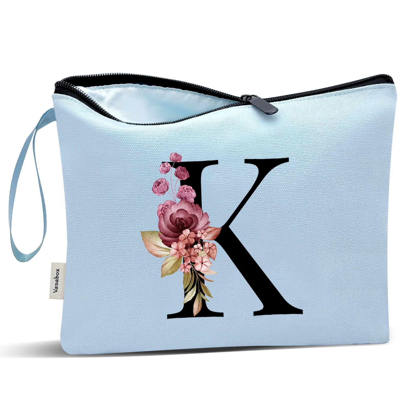 Vavabox A-Z Personalized Makeup Bag, Birthday Gifts for Women Mom, Gifts for Best Friend, Bride Bridesmaid Cosmetic bag (K, Blue)