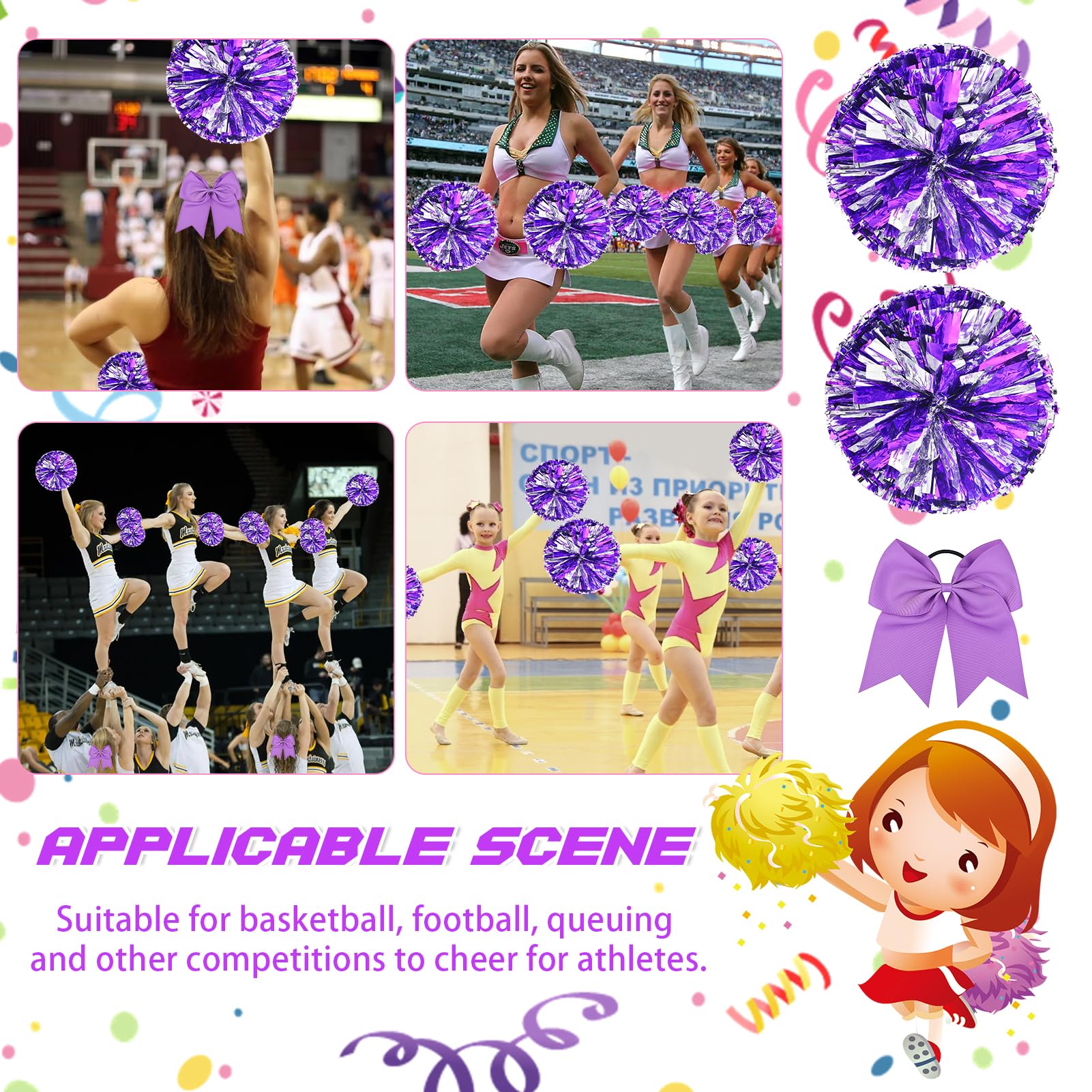 Pompones de Animadora Morado 3 Piezas Meanju para Deportes Fiestas