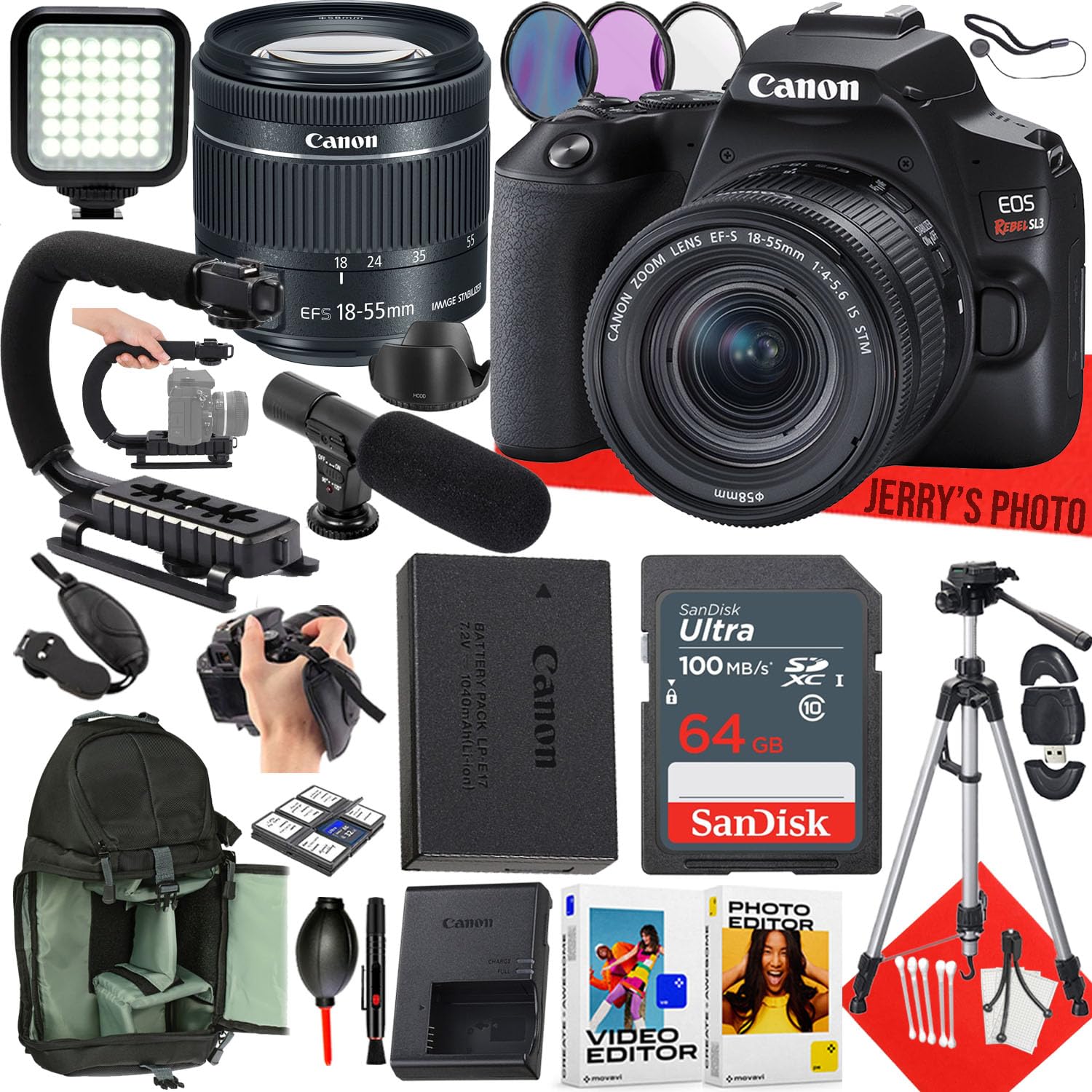 Canon EOS Rebel SL3 DSLR Camera with EF-S 18-55mm f/4-5.6 IS STM Lens + 64 GB Memory + LED Light + Microphone + U-Grip + Filters + More (27pc Bundle) (Renewed)