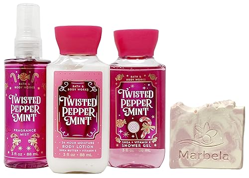 Bath & Body Works Menta retorcida 3 piezas de tamaño de viaje niebla de fragancia, loción corporal y gel de ducha con un jabón de muestra de sales