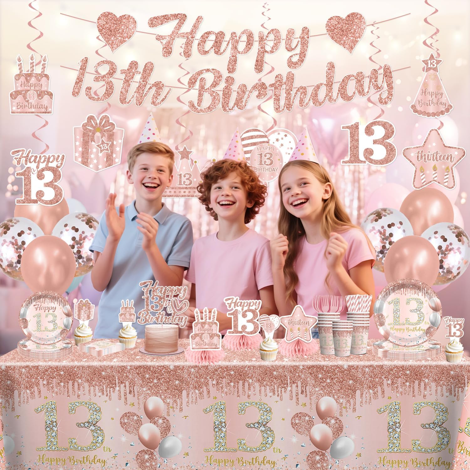 Pink 13th Birthday Decorations for Girls with Cake Topper, 25 Serves 13th Birthday Disposable Tableware Set, 2pcs Table Cloth, Banner, for Thirteen Birthday Decorations for Girls
