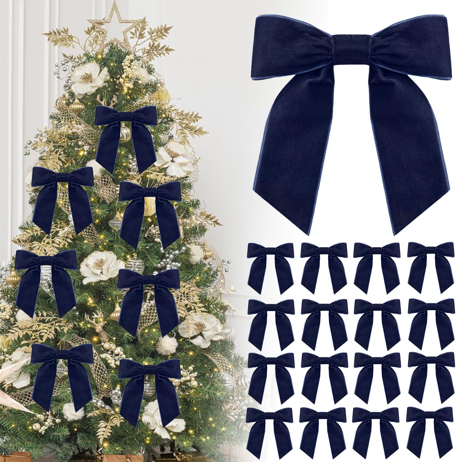 16P Christmas Navy Blue Velvet Ribbon Gift Bows,4.3" Blue Velvet Bows with Twist Ties,Christmas Tree Bow,Vintage Wedding Velvets BowXmas Wreaths Garland Velvets Ribbon for Pretied Gift Wrapping Bows