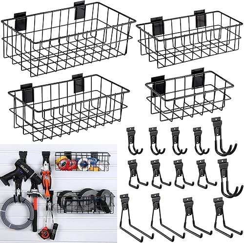 Landhoow Juego de 4 cestas de pared de listones con ganchos para pared, de varios tamaños, de metal, negro, para colgar en la pared, cestas de