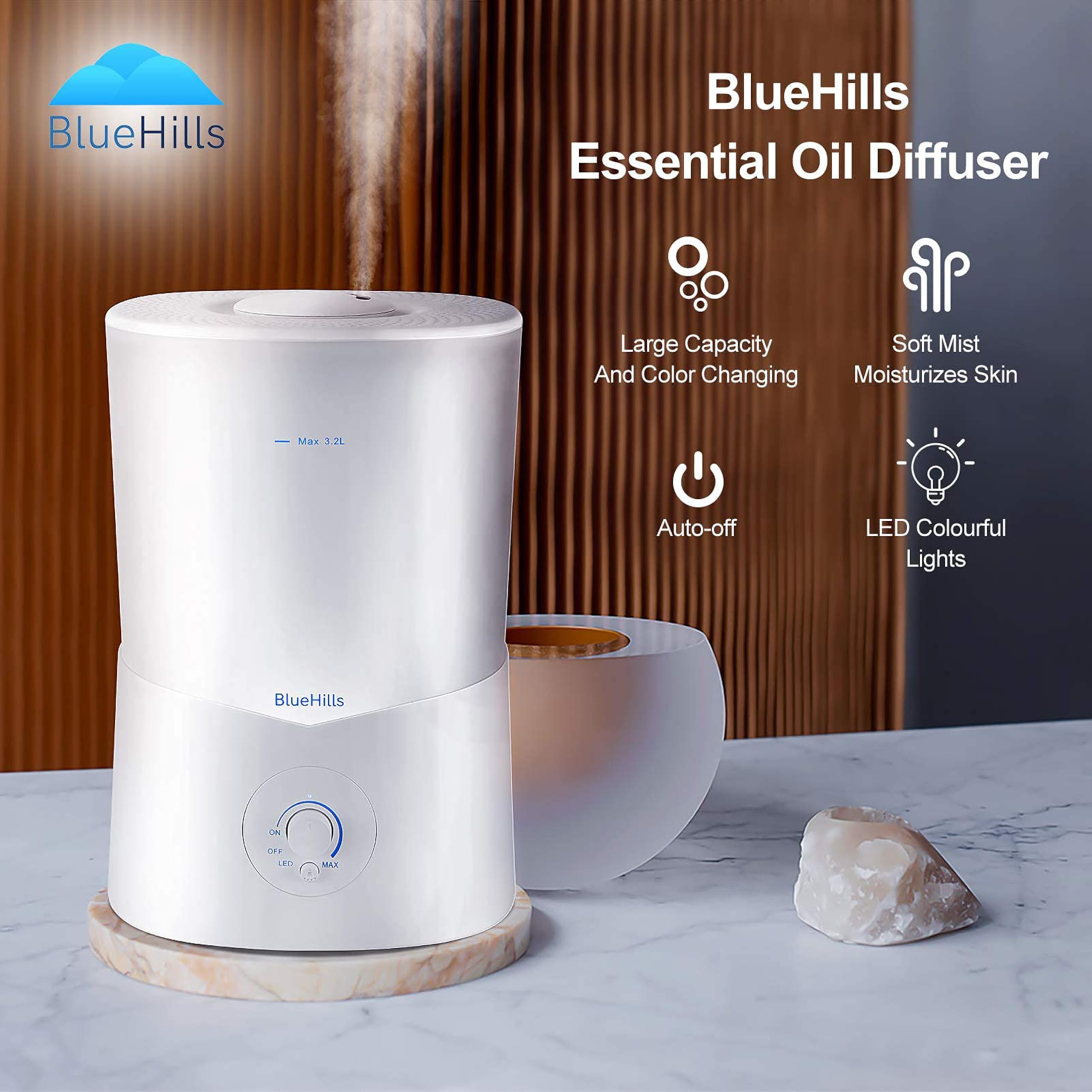 BlueHills - Umidificatore per aromaterapia, grande, 3000 ml, XL, colore: Bianco