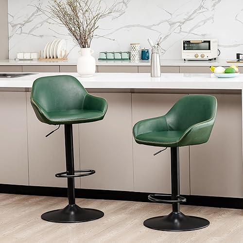 Miniatura 114 de Glitzhome Mid Century - Juego de 2 taburetes de bar ajustables de cuero giratorio vintage con respaldo y reposapiés, taburetes de bar modernos de