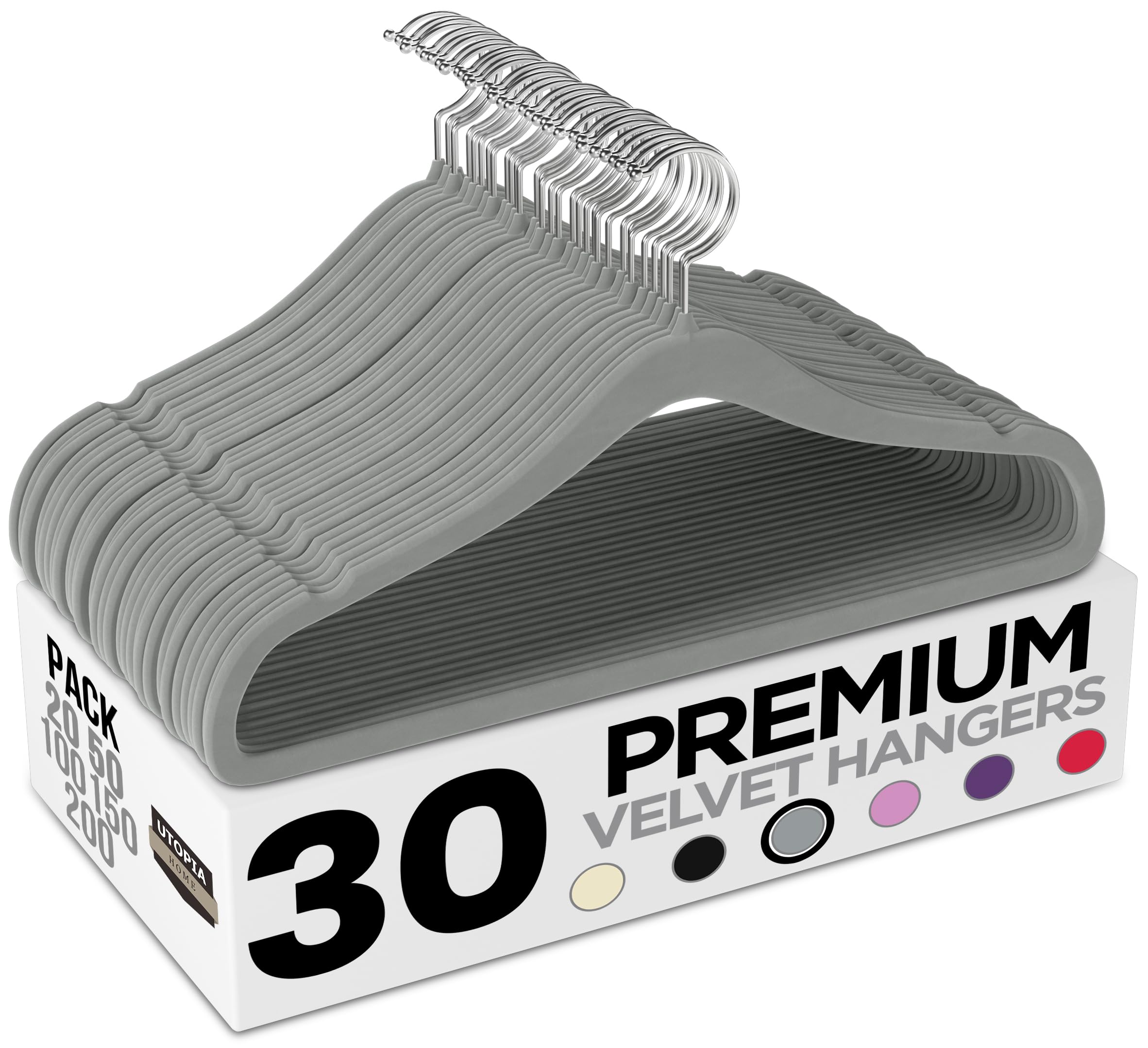 Utopia Home Velvet Coat Hangers - Heavy Duty Non-Slip Clothes Hangers With 360 Degree Swivel Hook - Grey - Pack of 30