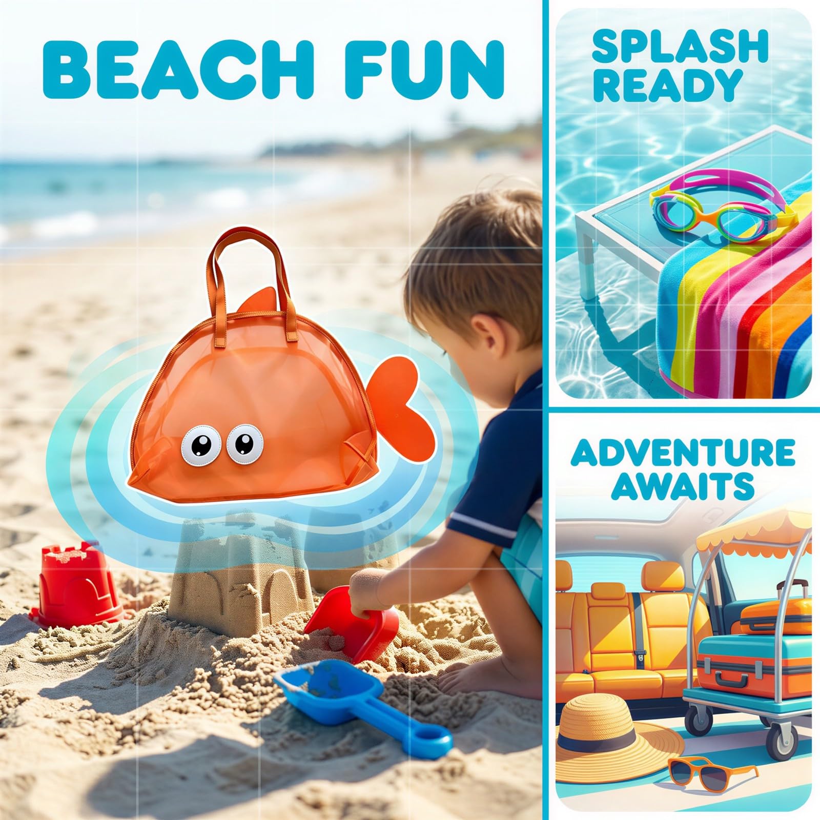 Lot de 2 Sacs de Plage en Forme de Poisson, Grande capacité 46 x 40 x 12 cm, Sac de Rangement en Filet avec Queue pour Jouets de Sable, Natation, Piscine, Vacances au Bord de mer
