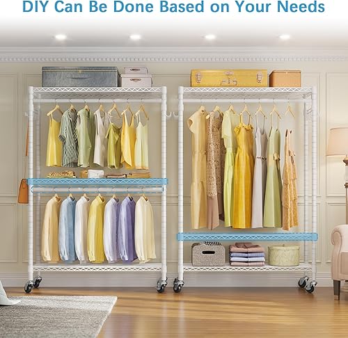 Miniatura 5 de VIPEK V12 - Perchero de 3 niveles ajustable de alambre con ruedas, estante de almacenamiento independiente de metal resistente para colgar ropa,