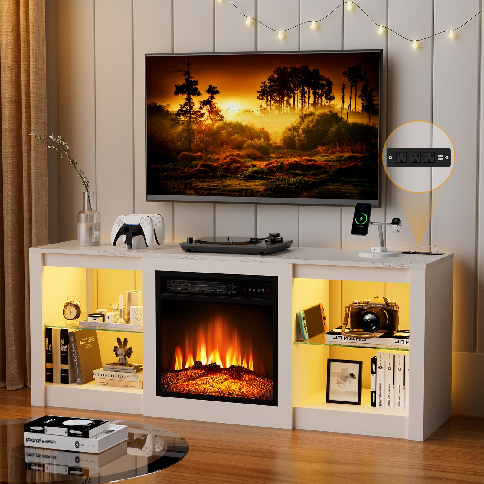 Kucreiheat 58'' TV Stand with 18'' Fireplace-Entertainment Center with LED & Outlet for 65 inch TV-White TV Cabinet with Adjustable Glass Shelves, Modern TV Console for Living Room/Bedroom