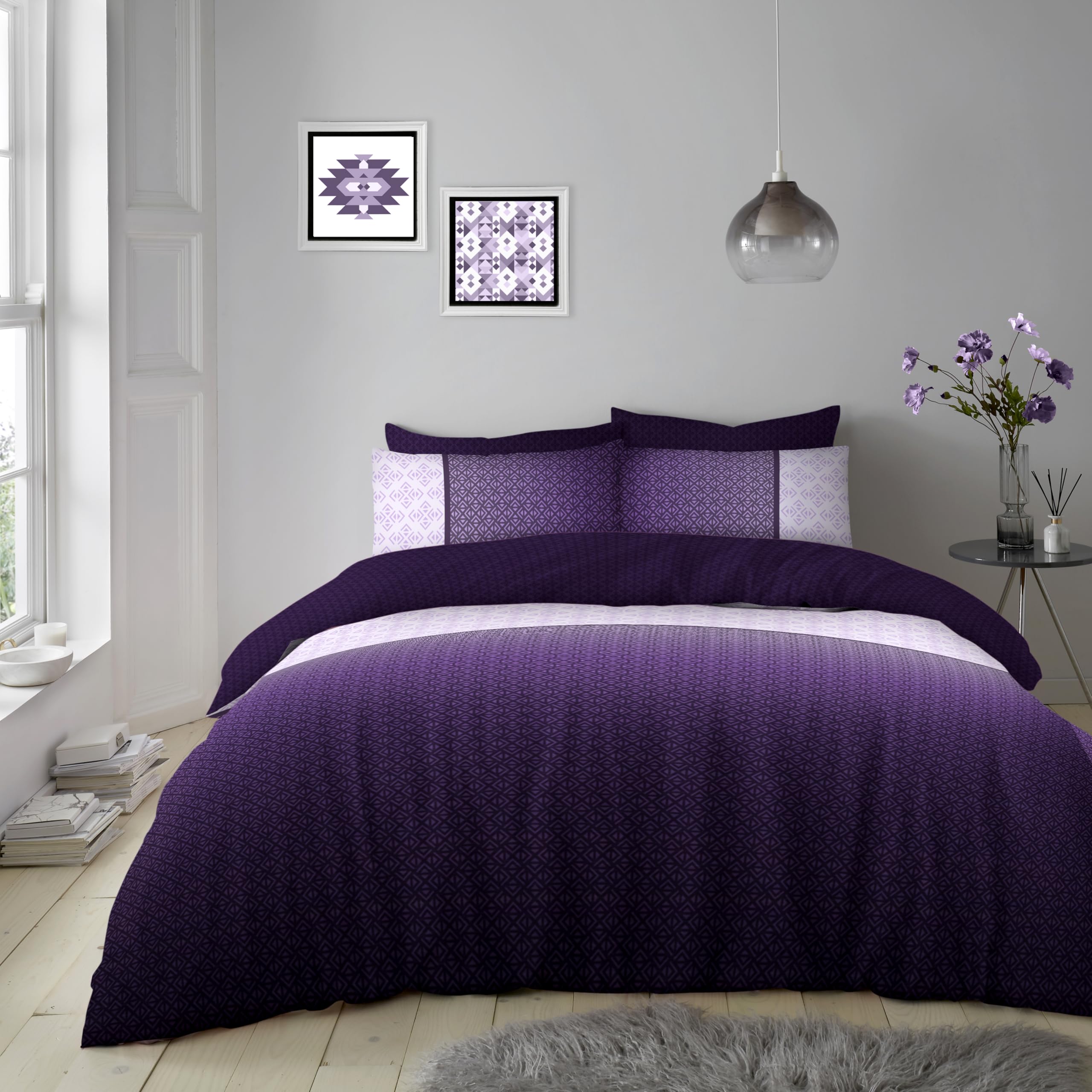 Gc Gaveno Cavailia Purple Triangle Double Quilt Cover | Reversible Cotton Blend Bedding | Textured Duvet Cover Double With Pillowcases | Easycare Bedding & Linen |