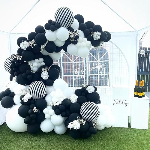 Miniatura 4 de Kit de arco de globos blancos y negros, 124 globos de confeti blanco y negro con tira de cinta de 16 pies y pegamento de puntos para graduación,