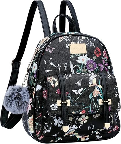 KKXIU Mochila pequeña para mujer bolso de cuero convertible mini mochila cruzada para niñas Mochilas Daypack Negro, Flor negra, Negro (black