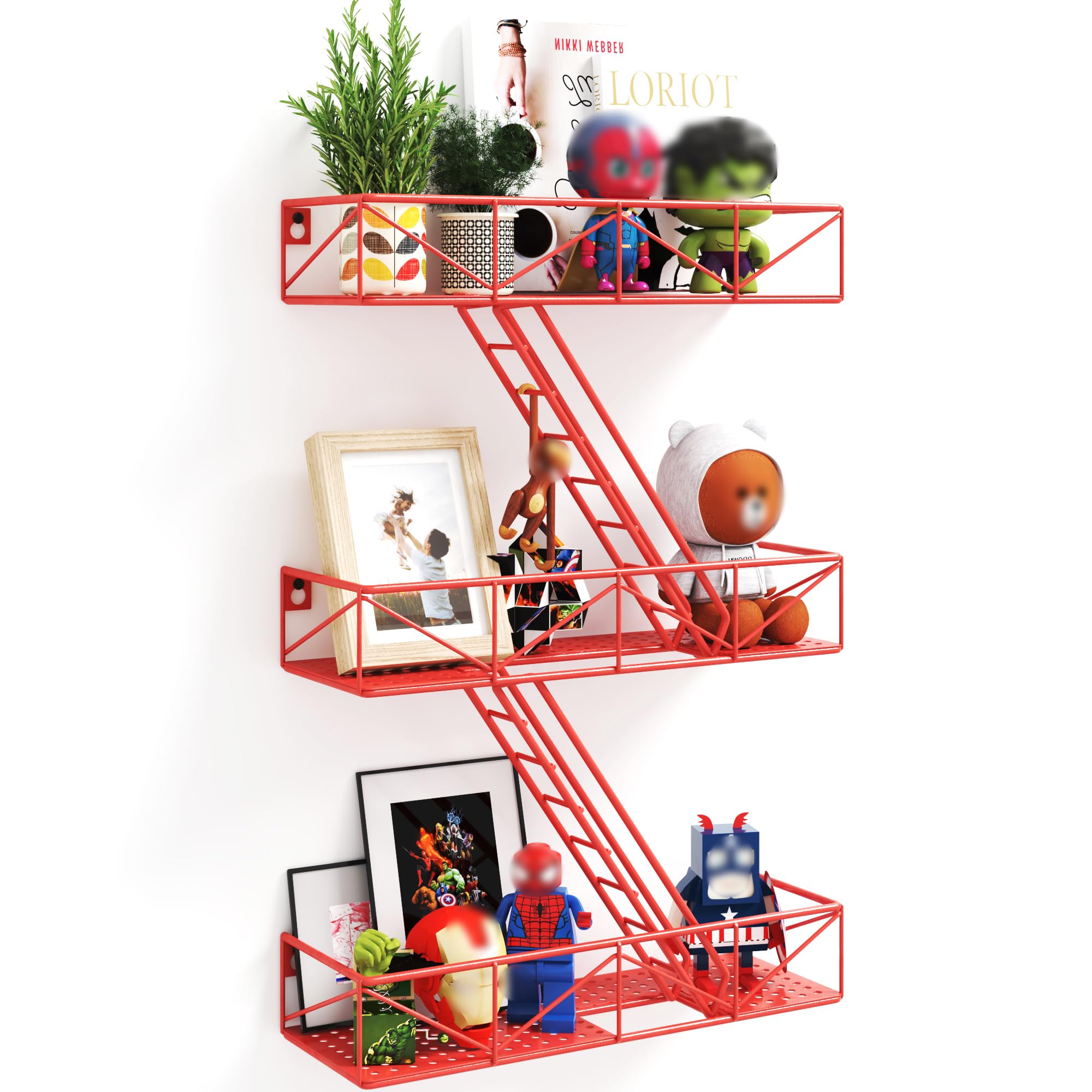 MVPSONAG Fire Escape Shelf - 3 Tier Red Fire Escape Wall Shelf with Basket Wall Organizer, New York Metal Decorative Shelves, DIY Floating Action