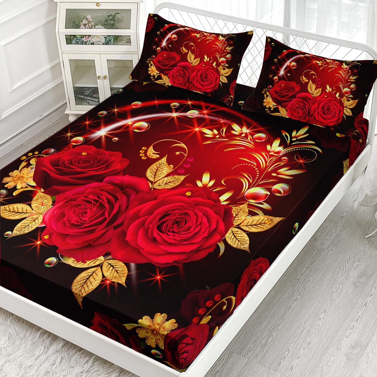 AILONEN Red Rose Fitted Sheet Set Twin Size, Red and Gold Floral Bed Sheet Set,Romantic Rose Flower Sheet Set 3 Pieces, 1 Fitted Sheet and 2 Pillowcases - Image 2