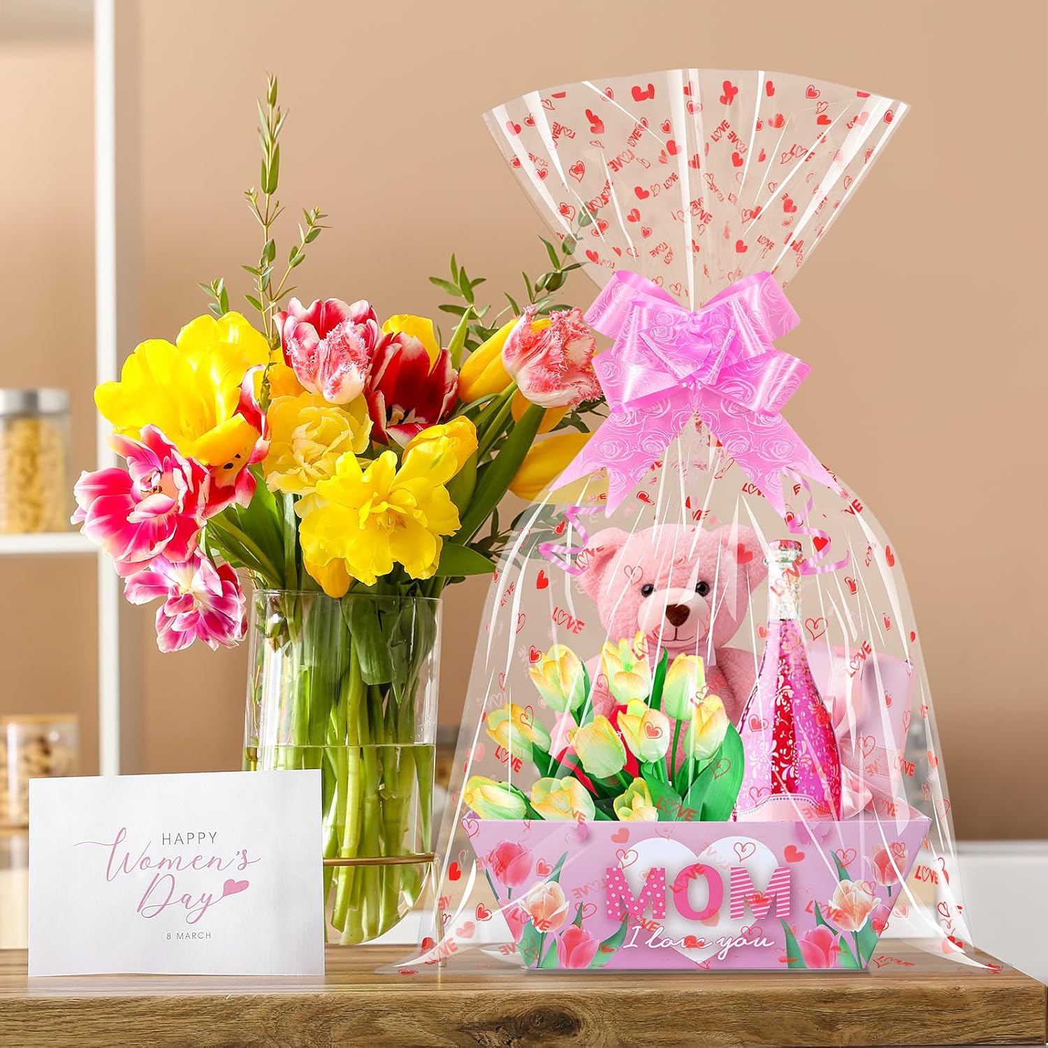 12 Sets Mother’s Day Gift Basket Empty with Transparent Cellophane,Red Cardboard Mother Gift Basket Bulk with Pull Bows Ribbons to Fill Spring Tea Party Wedding Anniversary Mothers Day Wrapping Gifts
