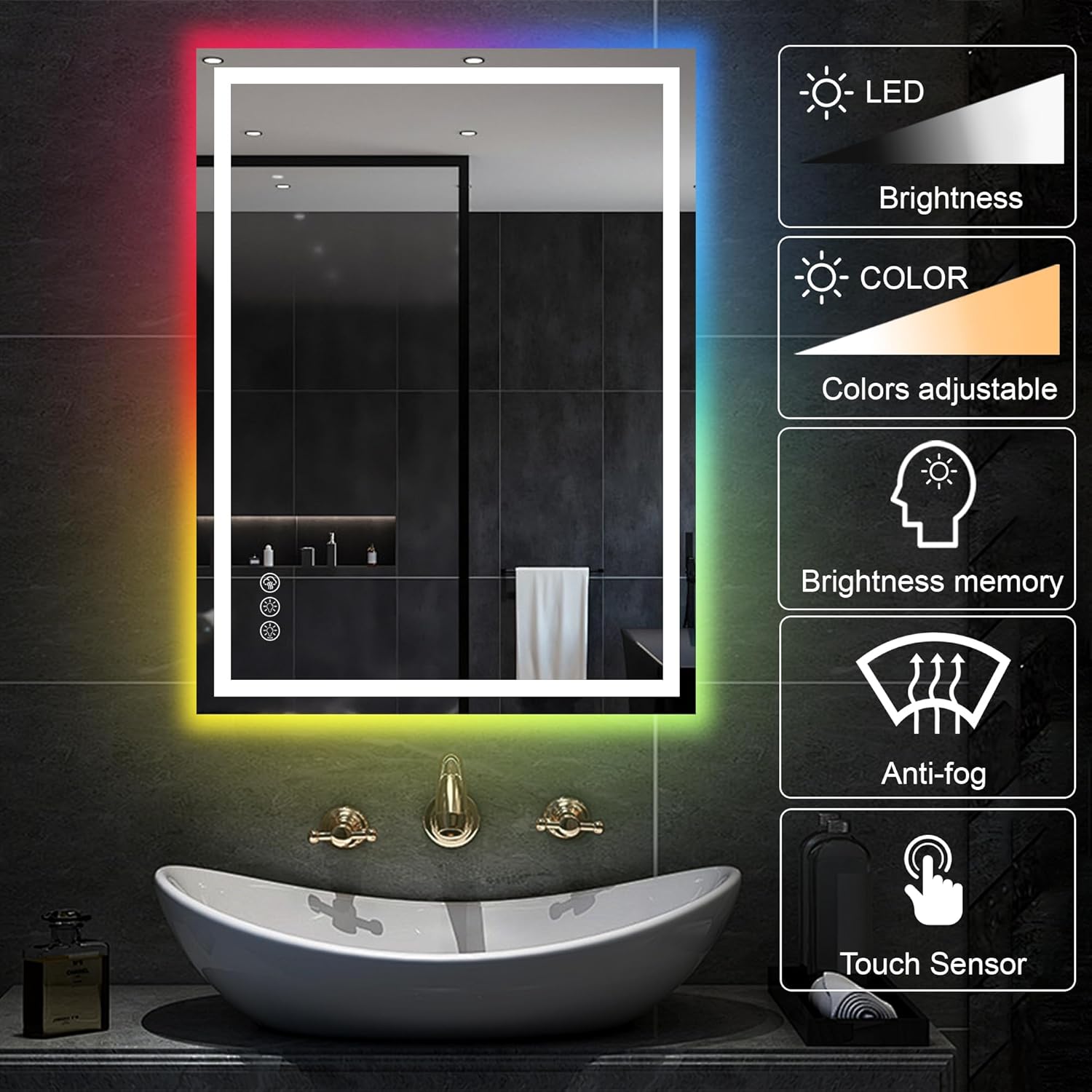 Awoco LED Bathroom Mirror, 24" x 32" Vanity Mirror with 8 Colors RGB Backlit and 3 Colors Front Light, Dimmable Anti-Fog Lighted Mirror, Memory Function, Mirror for Bathroom Wall