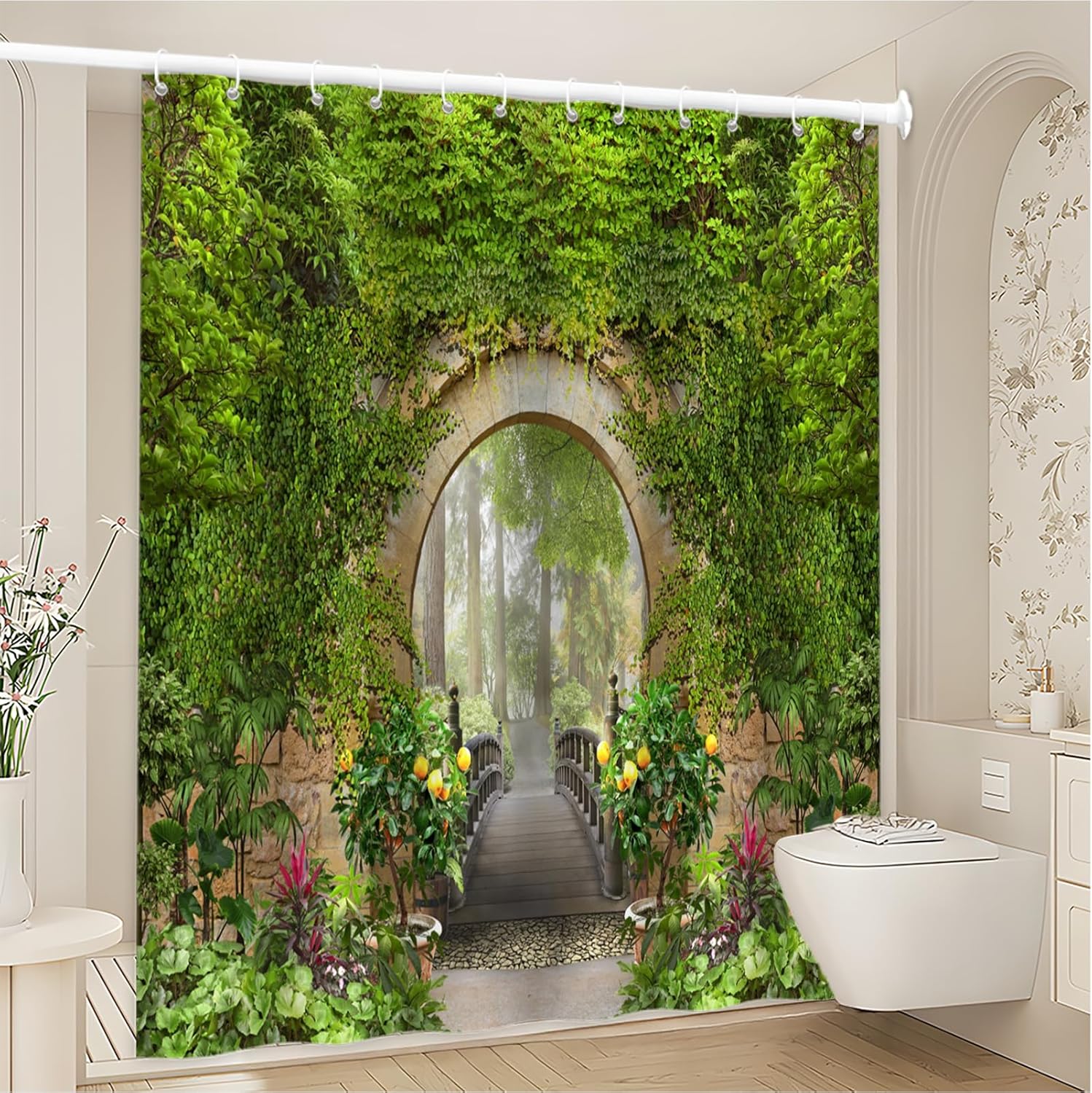 Courtyard Scenery Shower Curtains Arches Wooden Bridge Green Leaves Vine Plant Garden Spring Landscape Bathroom Decor Polyester Fabric Bathtub Curtain Set 106 x 70 Inch with Hooks