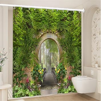 Garden Scenery Shower Curtains Green Leaves Vine Plant Arches Wooden Bridge Spring Flower Landscape Bathroom Decor Polyester Fabric Bathtub Curtain Set 70 x 70 Inch with Hooks