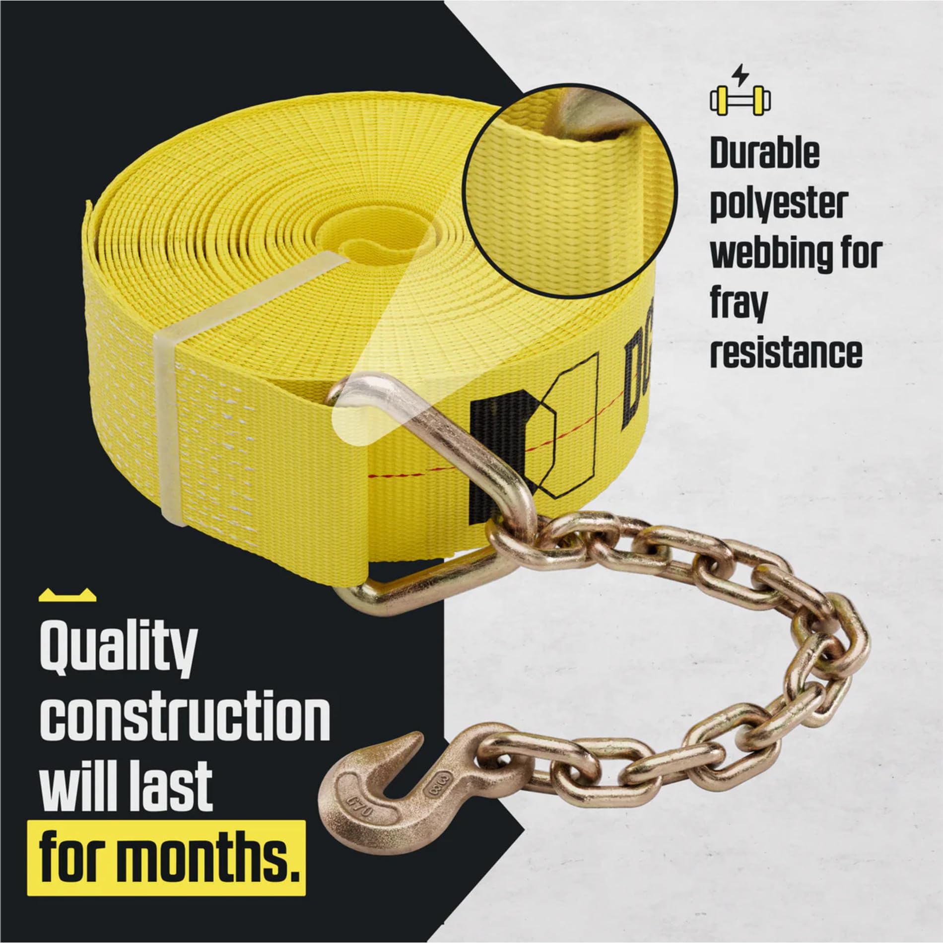 DC Cargo Mall Deux Sangles de treuil Robustes de 10,2 cm x 9,1 m avec extrémité de chaîne et Crochet, résistance à la Rupture de 7,348 kg | Chain TieDowns
